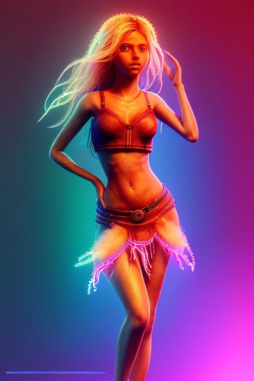 Shakira, artist, 30 years old, Realistic image, waist up portrait, etro style dress. Blonde, feathers, loose long hair, eyes make up, perfect, glow, circle iris. Neon colors, leds, geometric shapes. Dark background, photo studio, neon lights. Cyberpunk, concept art, smooth, unreal engine 5, god lights, ray tracing, RTX, lumen lighting, ultra detail, volumetric lighting, 3d, finely drawn, high definition, 4k.