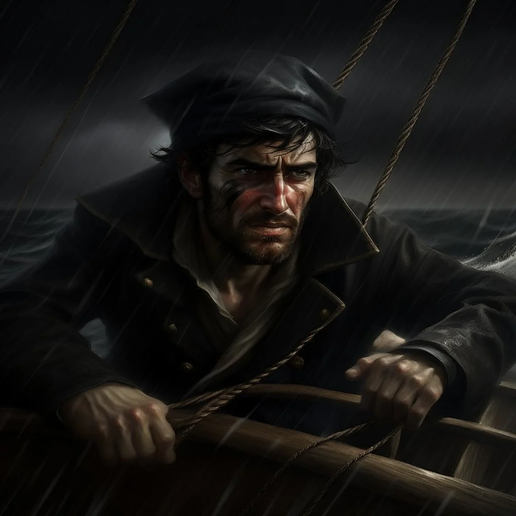 The angry black haired "Boatsman" at the ships helm on a stormy sea realistic grimdark