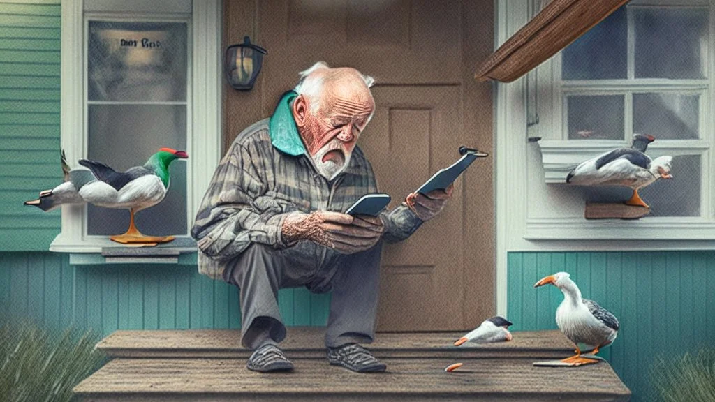 confused older man using cellphone on his porch trying to get the ducks to leave