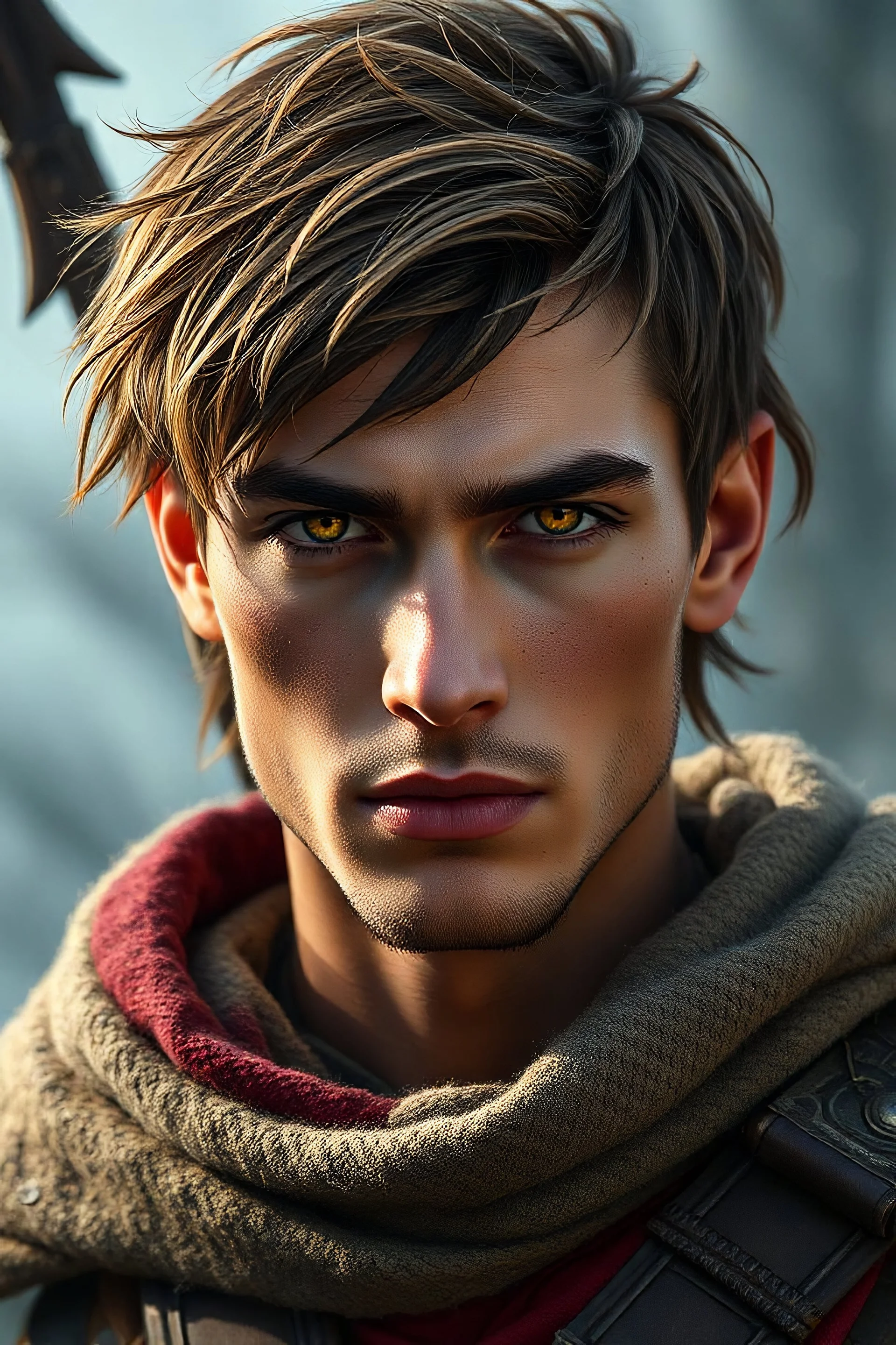 portrait of attractive fae male warrior with short brown hair amber eyes