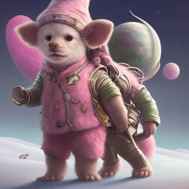 1yo little szymon is on safari onthe moon. riding a pink dinosaur. he has big and a funny hat. High detailed. Cinematic. Digital painting. Warm lights.