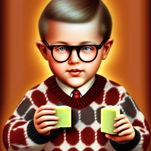 Peter Billingsley chubby kid glasses, holding A ((dark red soap bar)) in his hand, brown argyle sweater