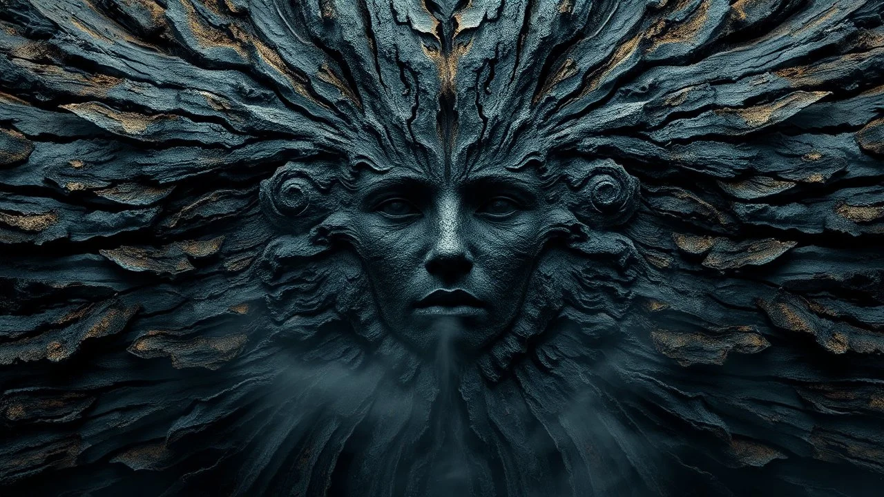 Photorealistic gorgeous point-symmetrical shot of dark slab of bark texture with many ancient female elven goddess faces shaped in the bark. Mist rising from the lower part and across the width of the image. forgotten realms fantasy style by lee jeffries, otherworldly, in the style of fantasy movies, shot on Hasselblad h6d-400c, zeiss prime lens, bokeh like f/0.8, tilt-shift lens, 8k, high detail, smooth render, unreal engine 5, cinema 4d, HDR, dust effect, vivid colors