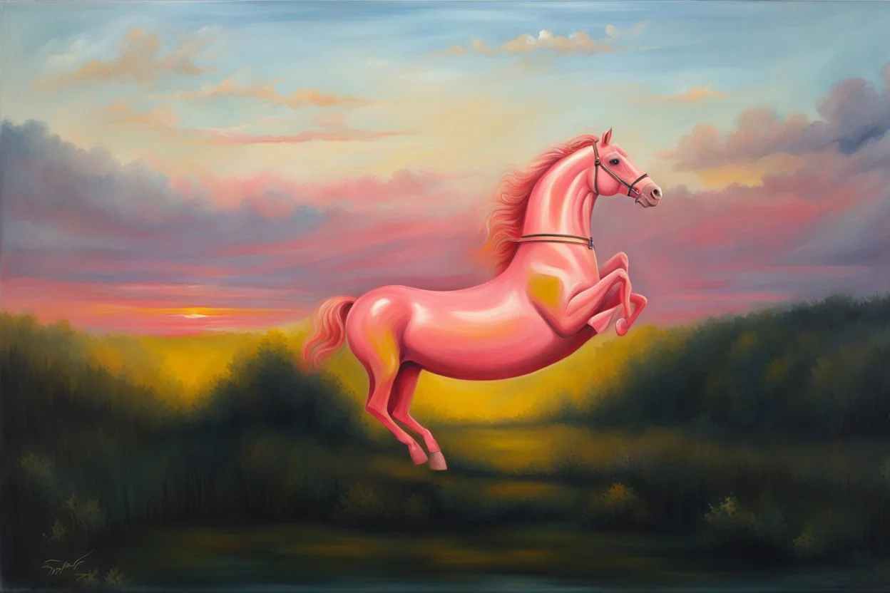 Big pink plastic toy horse.19th painting