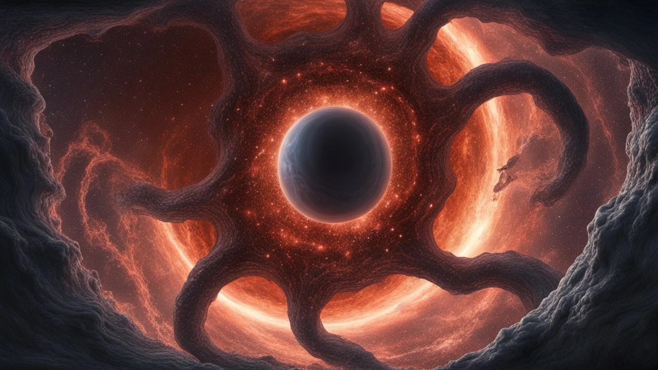 photorealistic Lovecraft Shub-Niggurath opalescent space gigantic monster, interstellar galactic particles stream event horizon, entering a quantum wormhole with great exoplanet crashing, blackhole