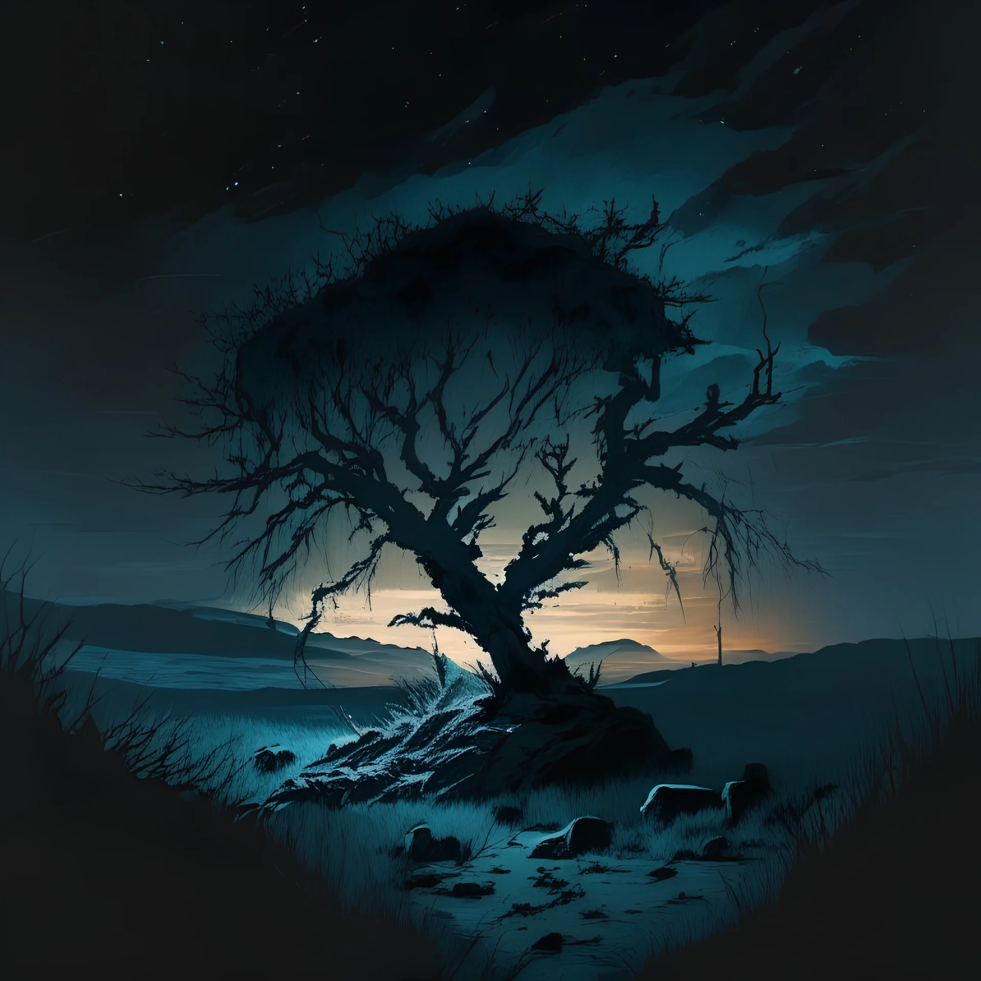 a skull in a desolate night landscape with a tree coming through it, semi-realistic, drawing, dark, old, abandoned, art, painting, anime style