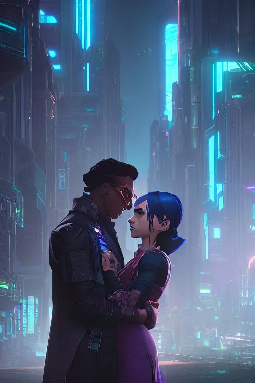 Science fiction, cyberpunk, city street, couple girl and guy, together, love at first sight