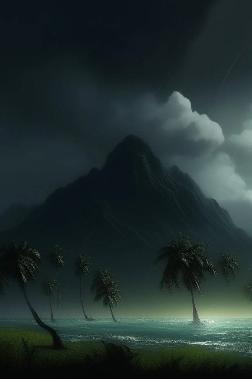 Creat a cost of an island filled with palms tree with a mountain in the background and a thunderstorms and rain and foggy clouds and high waves, cinematic, 8k, high quality photo , dim sun light behind the clouds, Busch painting style nightmares