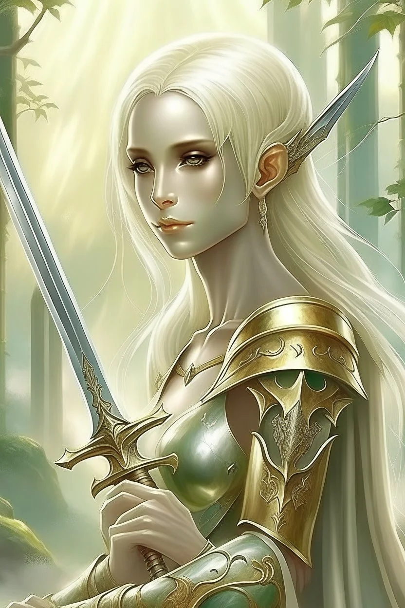 Pretty woman, elf, maternal, blonde, sword