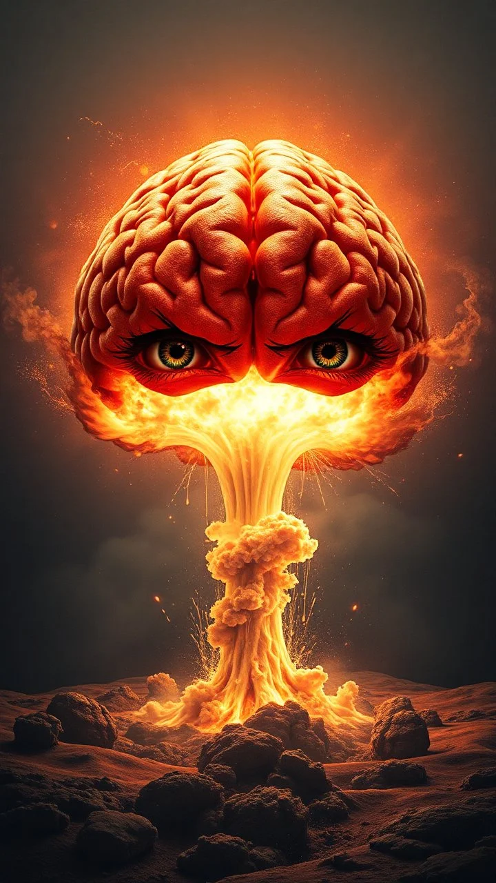 a human brain and eyes floating and crossed with a nuclear explosion
