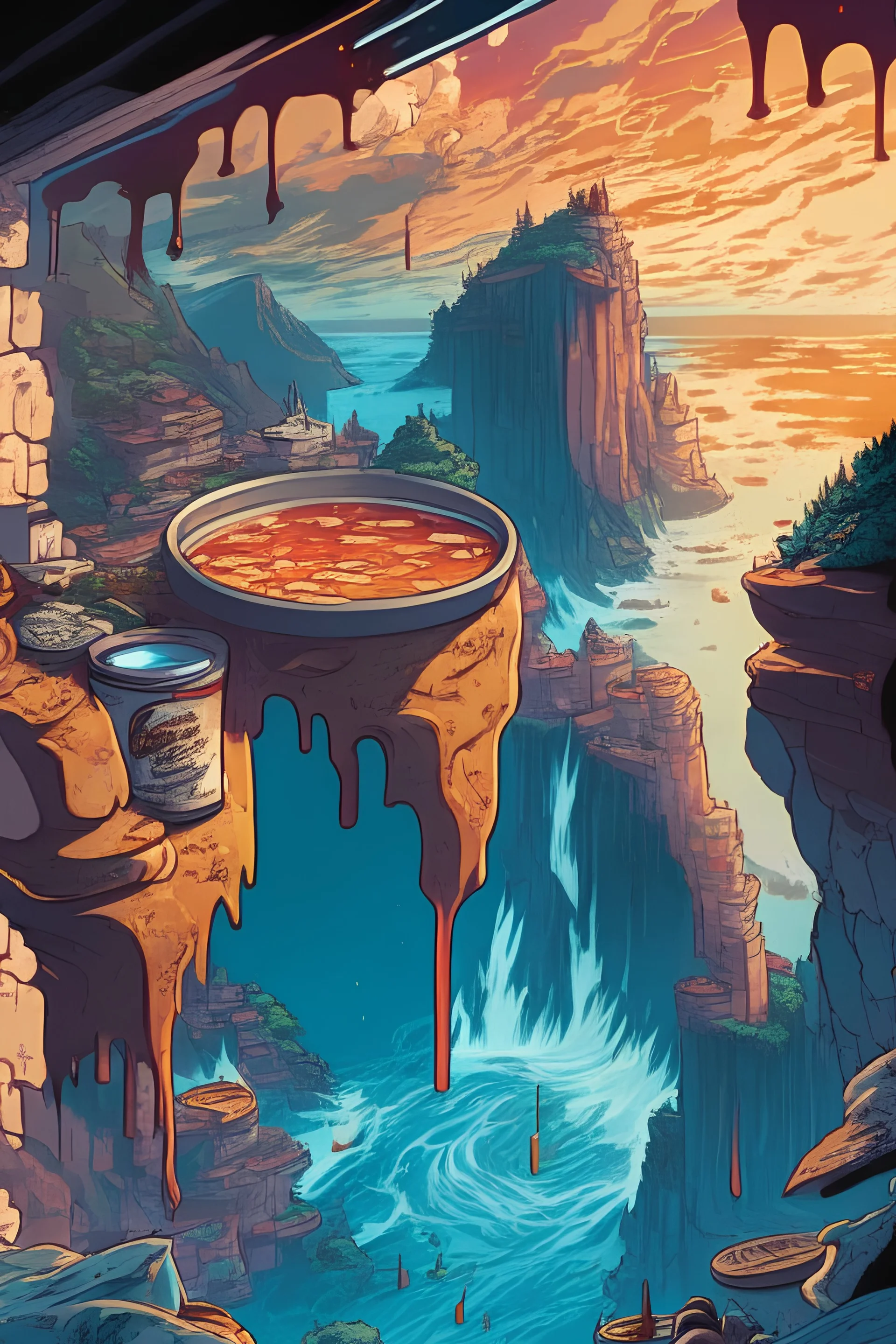 fantasy landscape of a cliffside peering into a magical pool of sauces and financial market prices, comic book style, visual novel style