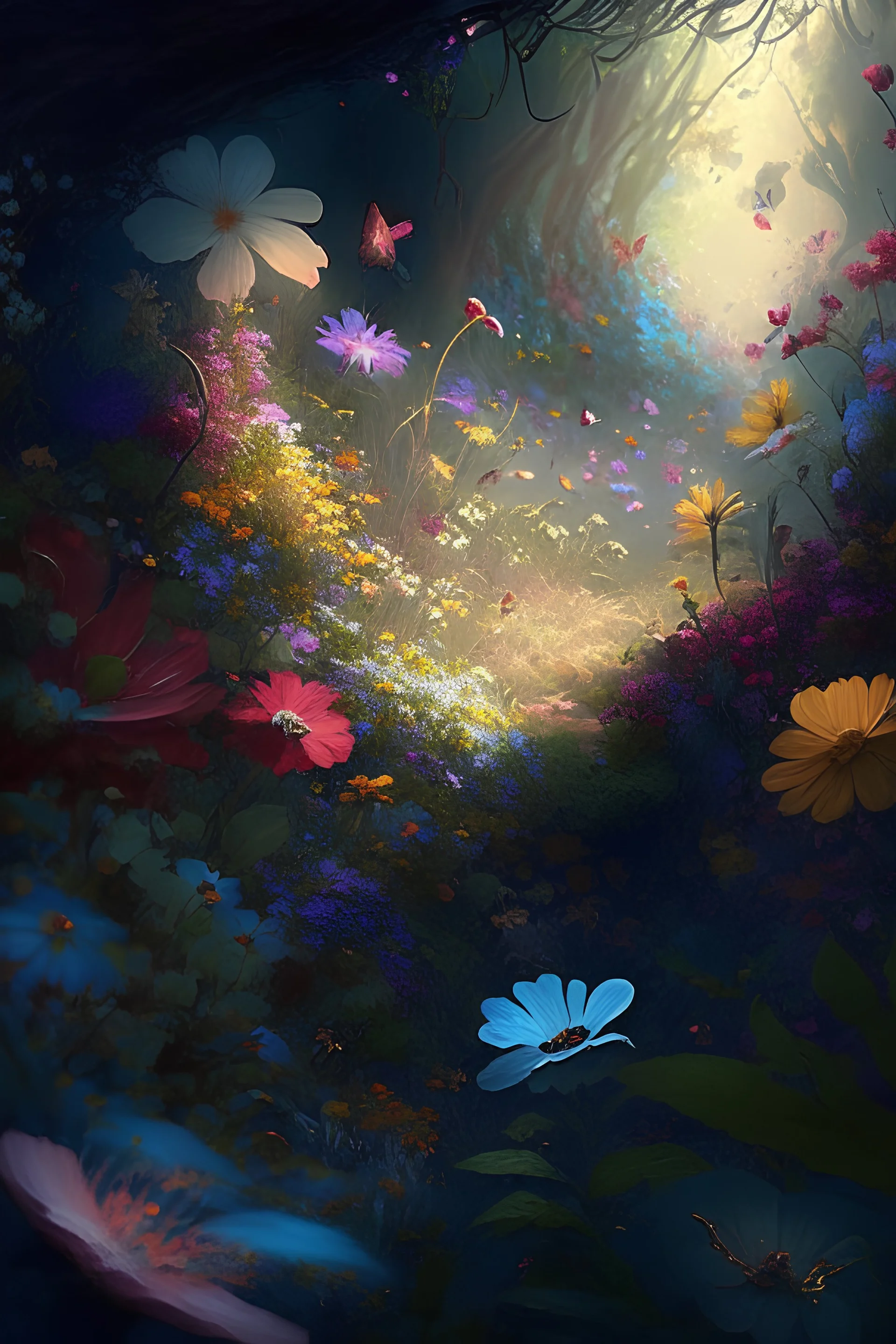 a small clearing filled with colorful flowers in a magical jungel