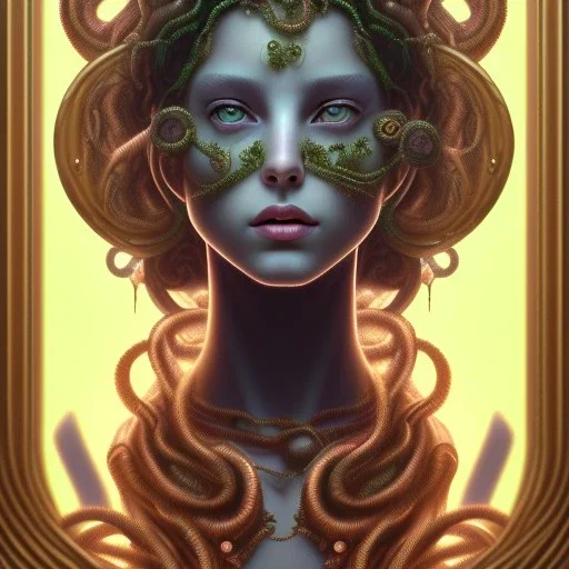 portrait of teenage medusa, with raised eyebrow, wicked smile, black snakes cover her head, hairless, wearing an embroidered rusty tunic, dark background, intricate, elegant, copper and emerald jewelry, glowing lights, highly detailed, digital painting, artstation, concept art, smooth, sharp focus, illustration, art by wlop, mucha, artgerm, and greg rutkowski golden ratio