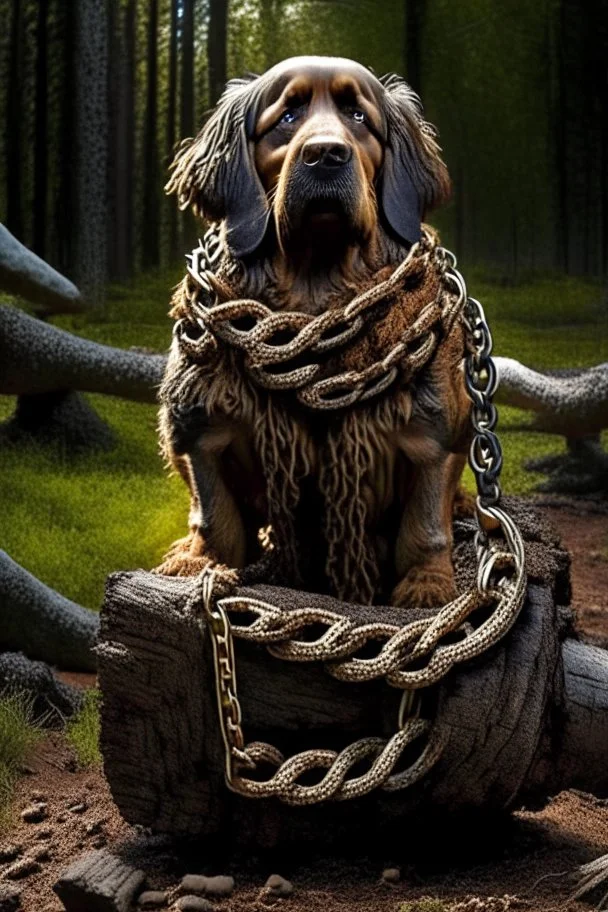 Backyard dog chain attached to a giant log made of feces