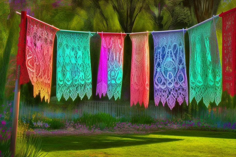 Beautiful lace pants of different colours drying on a clothesline in a flower garden, centre, bold colours elegant fantasy 8k beautiful dynamic lighting award winning imperial colors hyperrealistic ultra detailed 4K 3D high definition crisp quality colourful hdr, backlit, in sunshine