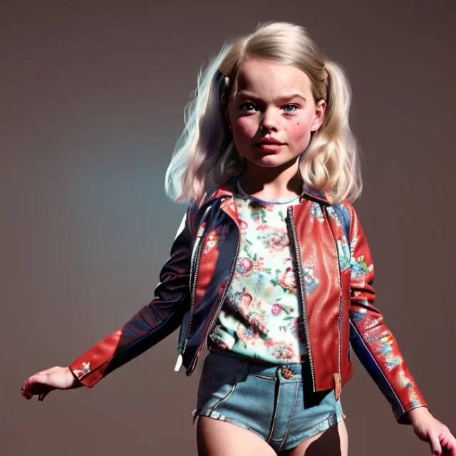 Margot Robbie toddler, full body, leather jacket, floral shirt, floral skirt, shoe, soft skin, dramatic lighting, hyper realistic