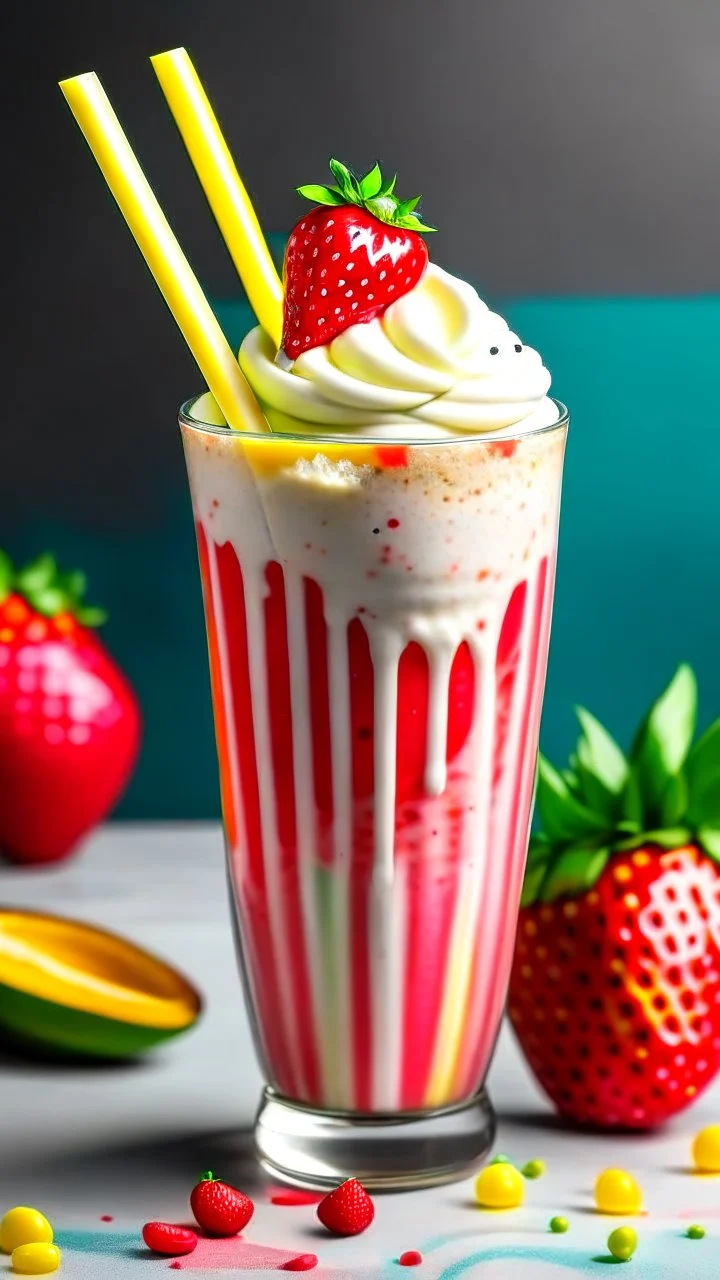 A refreshing milkshake made with fresh strawberries and vanilla ice cream, served in a tall glass with a striped straw and a sprinkle of rainbow sprinkles.