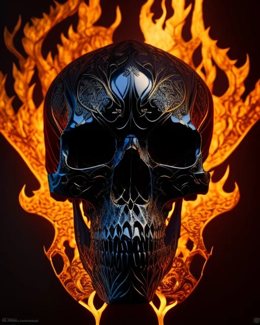 A beautiful highly detailed ornate intricate portrait of a flaming demon skull made of shiny obsidian glass :: reflective, glassy :: subtractive lighting, backlit :: by John William Waterhouse, Greg Rutkowski, HR Giger :: hyperrealistic, hyper detailed, photorealistic :: epic, incredible composition, amazing depth, meticulously composed, 16k resolution concept art :: fantasy magazine cover art