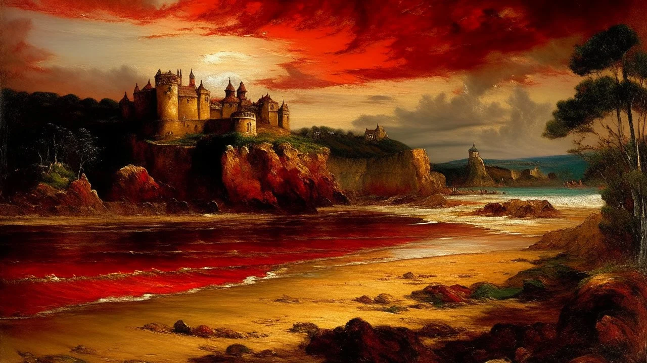 An orangish red beach near a vampire castle painted by Gustave Courbet