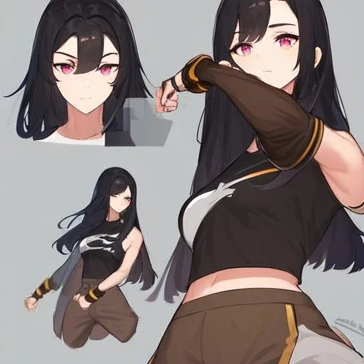 Clear focus,High resolution, Black long fluffy hair, long bangs, and pink eyes, Depressed girl, wearing a crop top, brown raggidy shorts, short black fingerless gloves, Concept art, Kicking pose