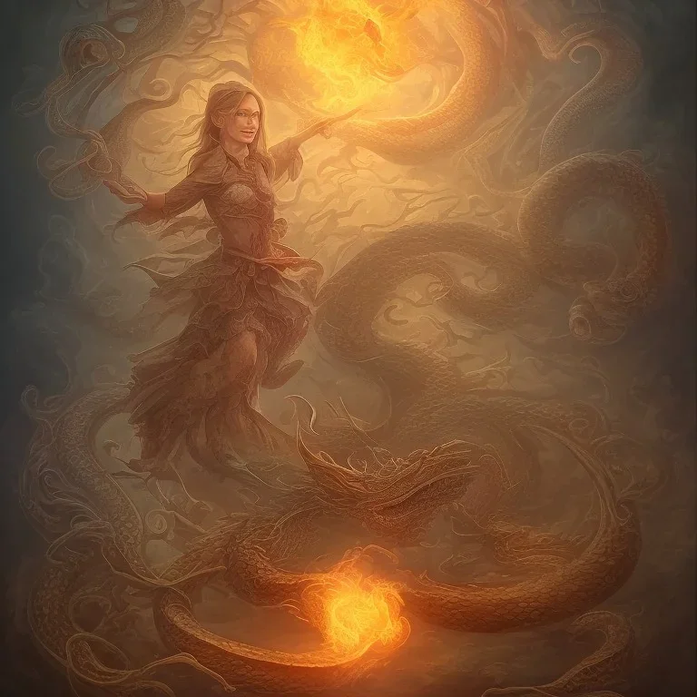 Beautiful portrait of a smiling witch running the rags of water and fire and wind and dirt with a brilliant wood and crystalline with a variety of colors with a background of the great and beautiful dragons flying in the nucleus heaven and with a background of a large snake with several heads