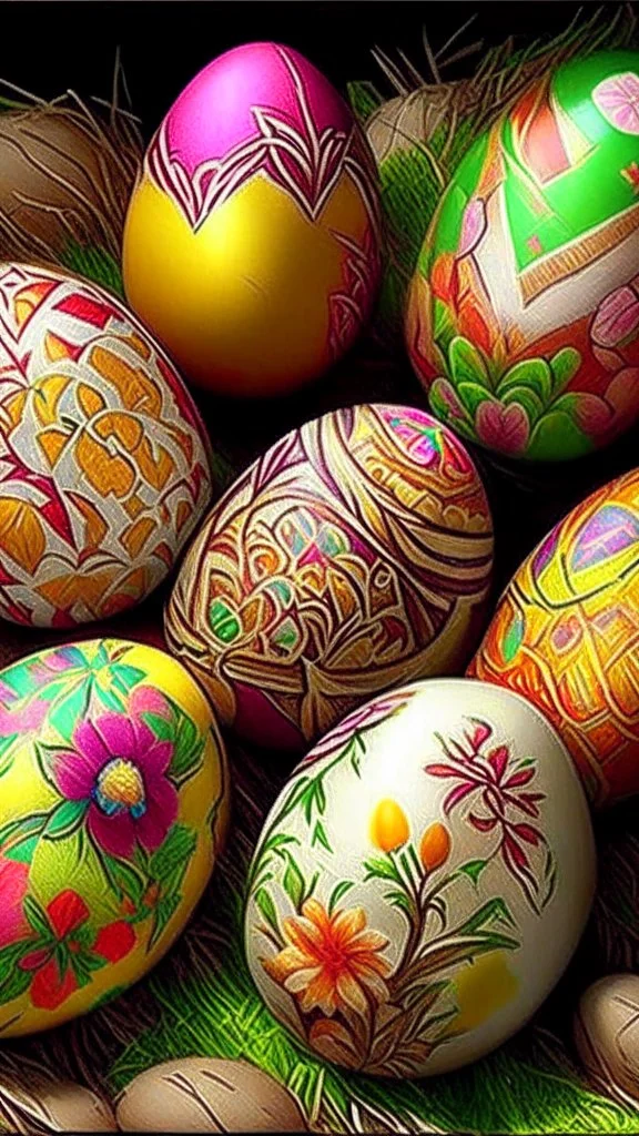 Easter Eggs, art, drawing, very realistic, detailed, vibrant colors.