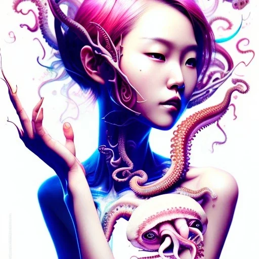  Asian woman, leaning pose, octopus, pink short hair, latex suit, style <Yoji Shinkawa>, Bones, watercolor illustration by <agnes cecile> squid, plants, wildflower, intricate detail , portrait, high lighting, Gradient background,