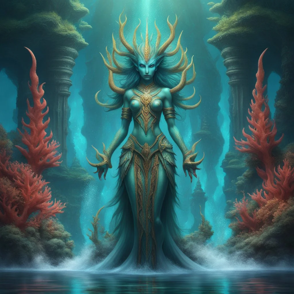 "Sylvari Vashara, the Naga templar, stands at the sacred Abyssal Altar, trident raised, commanding the ebb and flow of mystical waters. Her iridescent scales shimmer with the radiant hues of the ocean depths, and bioluminescent tattoos illuminate the solemn ceremony. A backdrop of ancient coral formations and ethereal sea creatures enhances the divine aura surrounding Sylvari. Capture the majestic scene, highlighting her connection to the oceanic spirits and the power she channels through her en