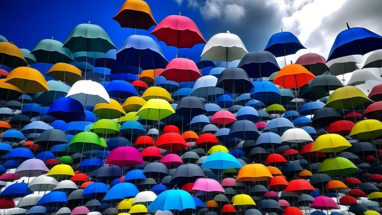 Cloudy sky. It's raining. The sky is fully filled with so many umbrellas of diverse colors.