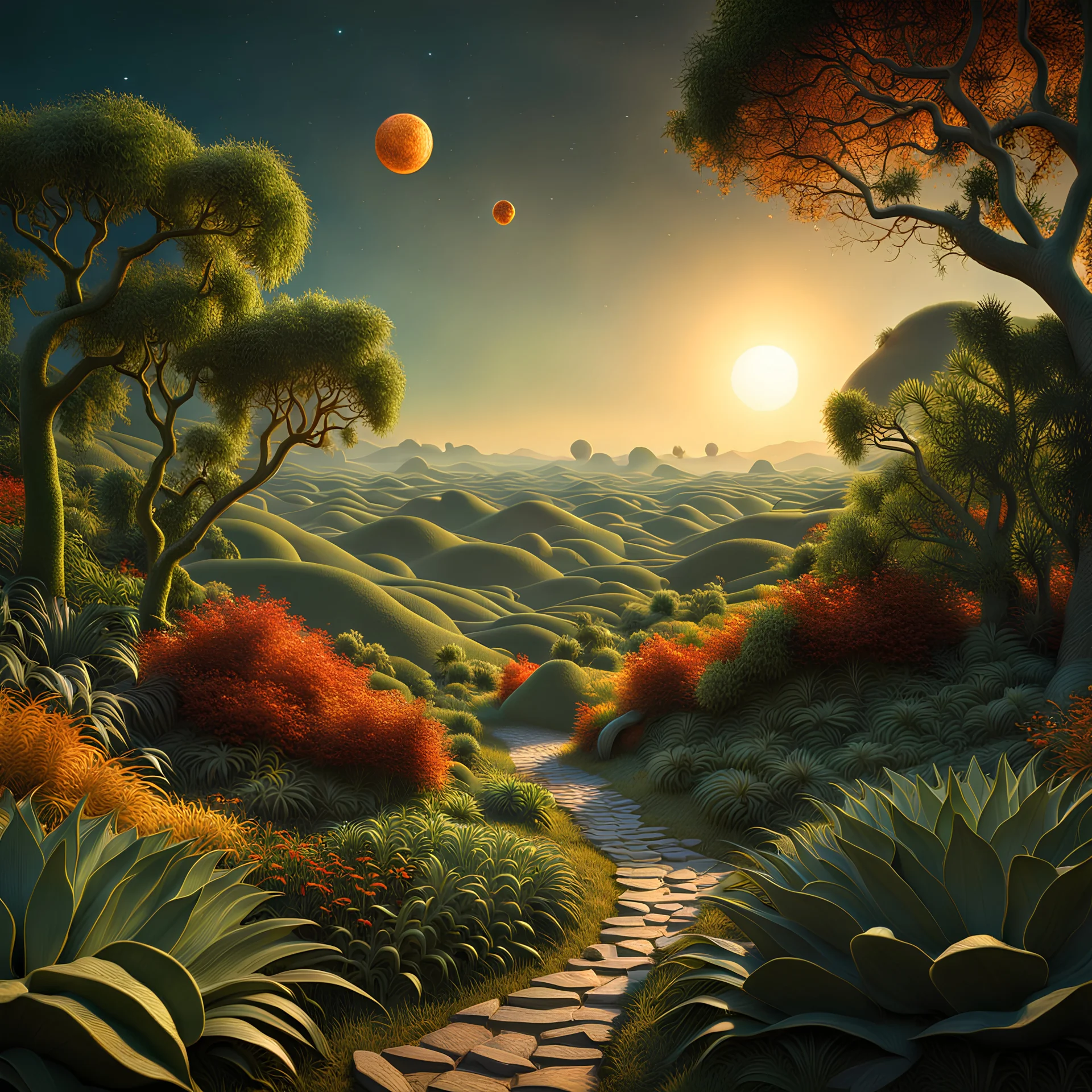 An incredibly peaceful detailed landscape, Max Ernst, Henri Rousseau, Haji Widayat, primordial nature, sun, strong texture, extreme detail, intricate, strong colours, bas-relief, high resolution, volumetric light, 8k, 3d, cinematic, rich moody colors, sparkles, decal, octane render, 55mm photography, 8k, sharp focus, volumetric light, ZBrush