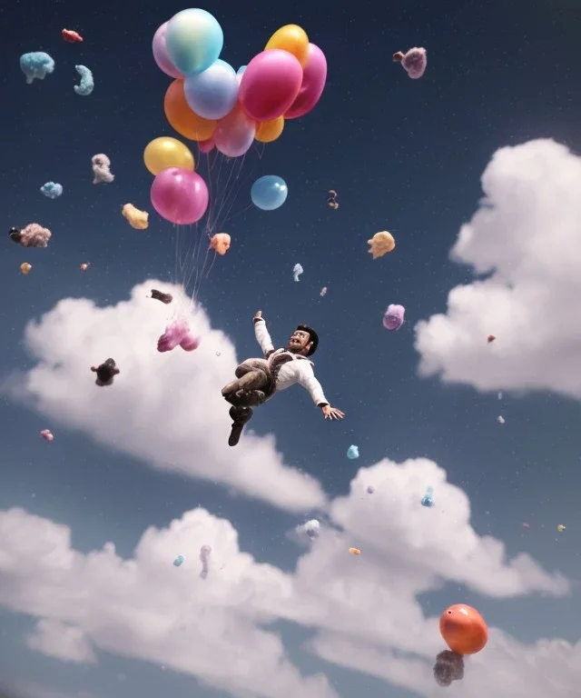 Ultra realistic speed clouds sky scene, wide angle view, strong men falling down with many Childs background, circus dress style, feather color clothing, free jumping flying, many trinkets, hair monster, many jelly beans, balls, color smoke, smile, happy, extreme, wind, clouds sea, 20,000 feet altitude, stratosphere, soft color, highly detailed, unreal engine 5, ray tracing, RTX, lumen lighting, ultra detail, volumetric lighting, 3d, finely drawn, high definition, high resolution.