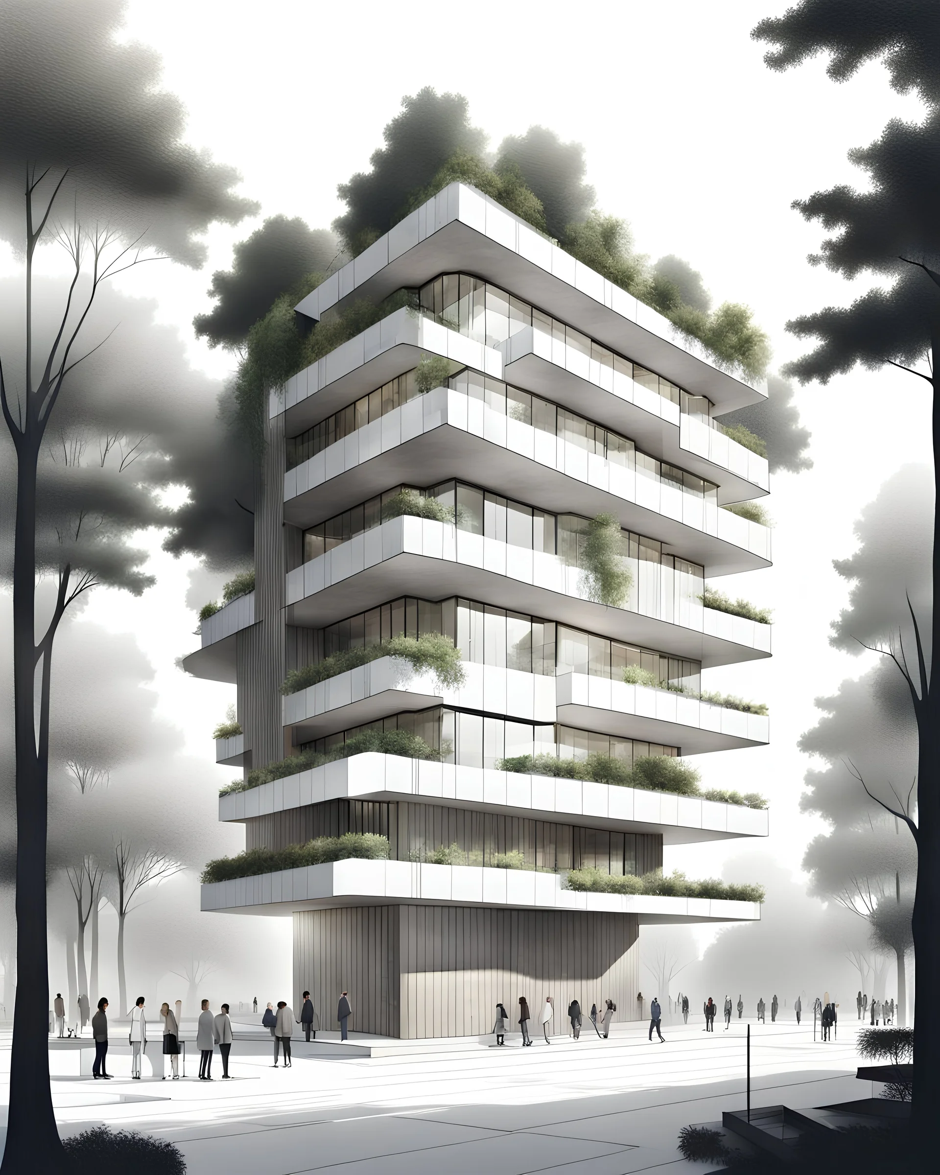 Dibujo arquitectónico de un edificio de cinco pisos, moderno, minimalista, diseñado aplicando la proporción, calidad ultra, árboles, gente