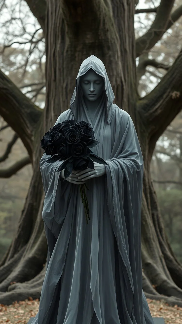 In a mesmerizing and ethereal manner, an otherworldly being emerges in the form of a translucent grey hood statue flowing smoky black robes. He is holding a bouquet of black roses, Forward facing a big tree in the background