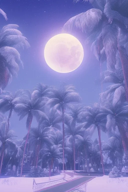 1980's aesthetic vaporwave palm trees with lighting with moon with audi in the winter snow