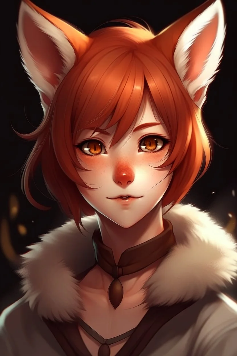 A female with very short red hair, gold eyes, large fox ears, slight smile, pale skin, animated