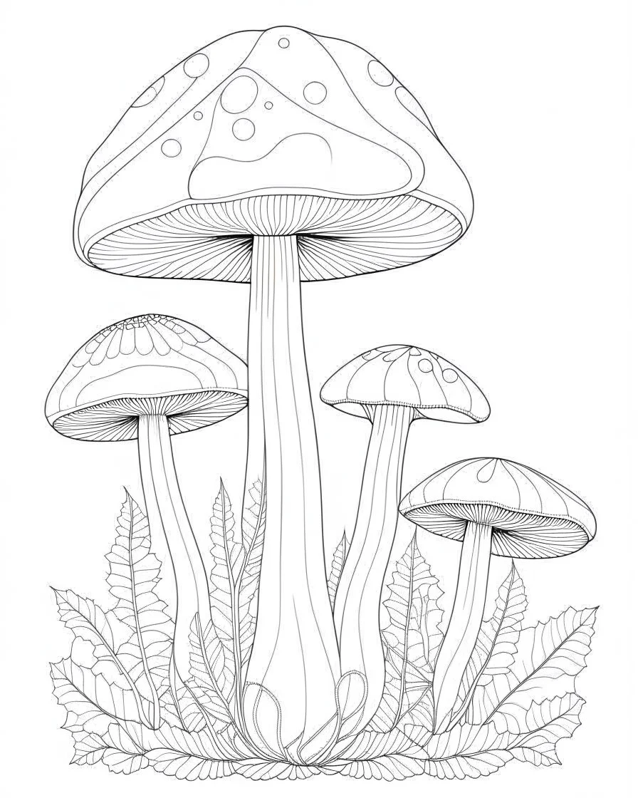 coloring page.A vector illustration of a Renaissance mushroom garden, with clean lines and a white background