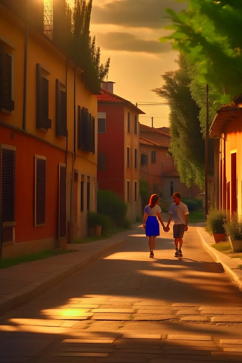 A realistic photo of a small Toscany town in late spring, a pair of inamorato young people on the street, early evening, last shines of sun in Henri Cartier-Bresson style