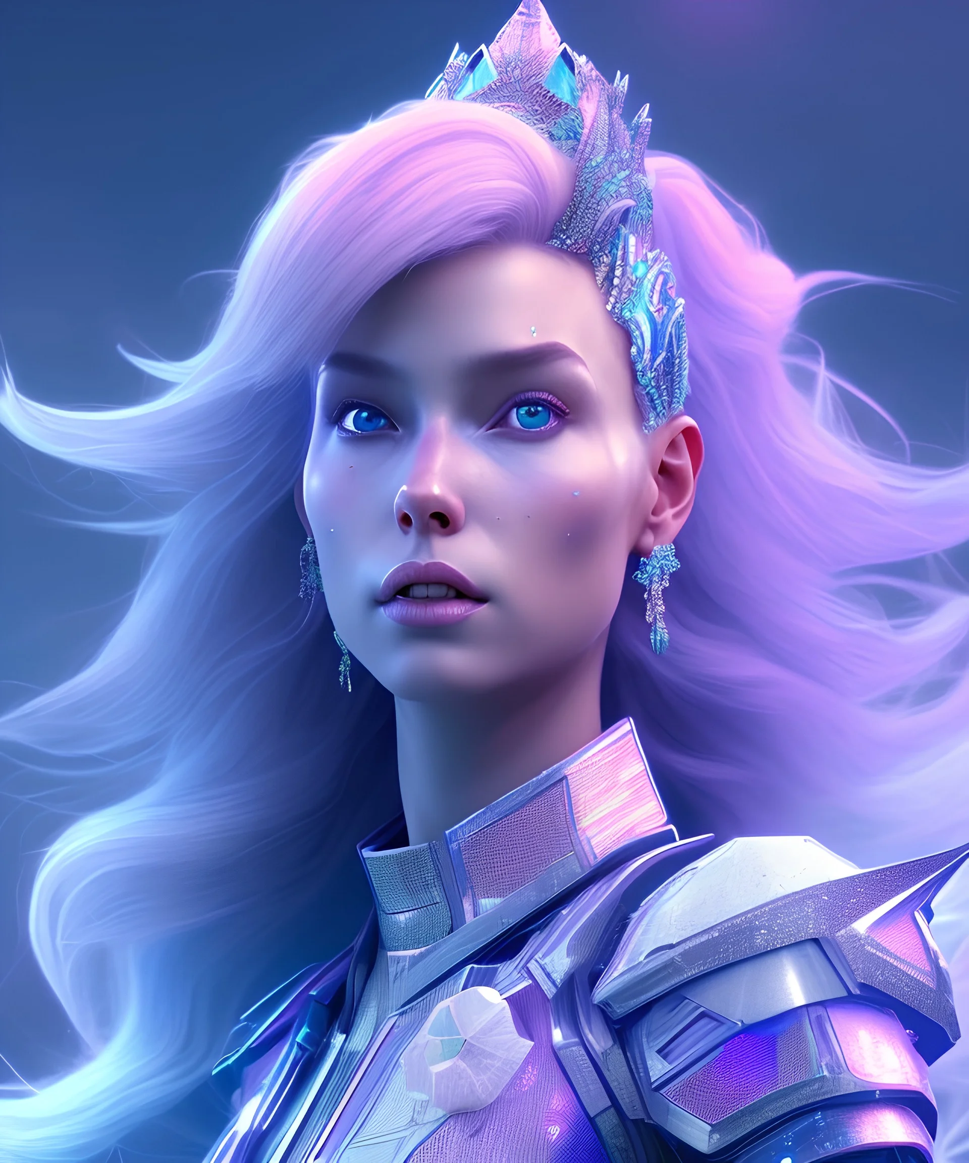 A portrait of a crystalised blue pink queen, atmospheric, realistic, unreal engine, lighting, octane render.