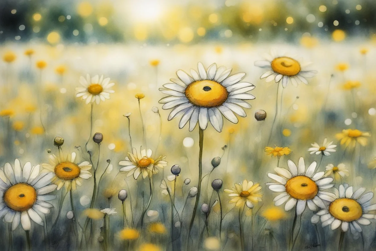 smiling faced daisy flowers playing football in sunshine, styles of Paul Klee Dee Nickerson and Tim Burton, melting watercolor and black ink outlines on wet paper, soft, shading strokes, in sunshine, ethereal, cinematic postprocessing, bokeh, dof