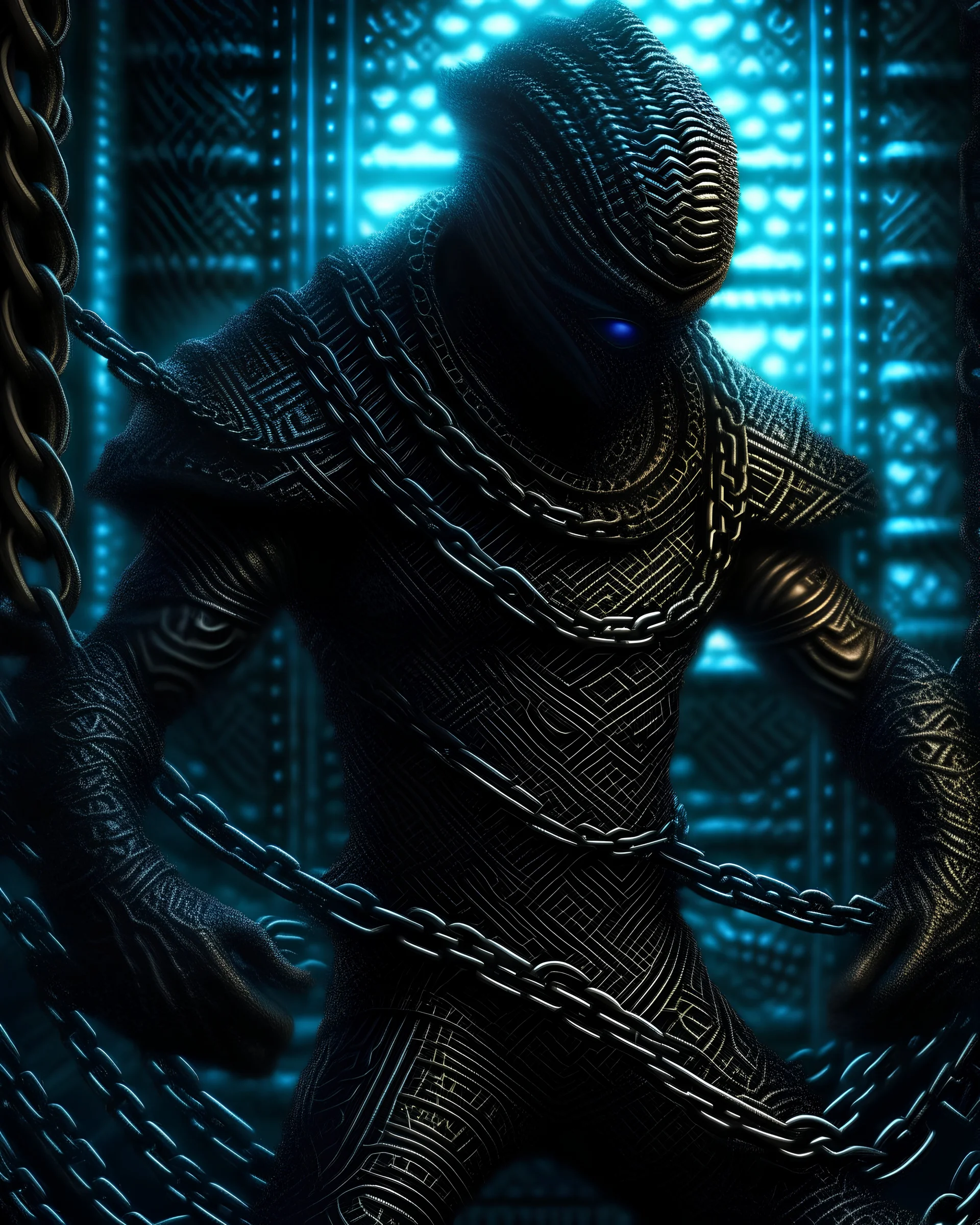 Dark fantasy scifi cage alien with chainmail body holding long chains