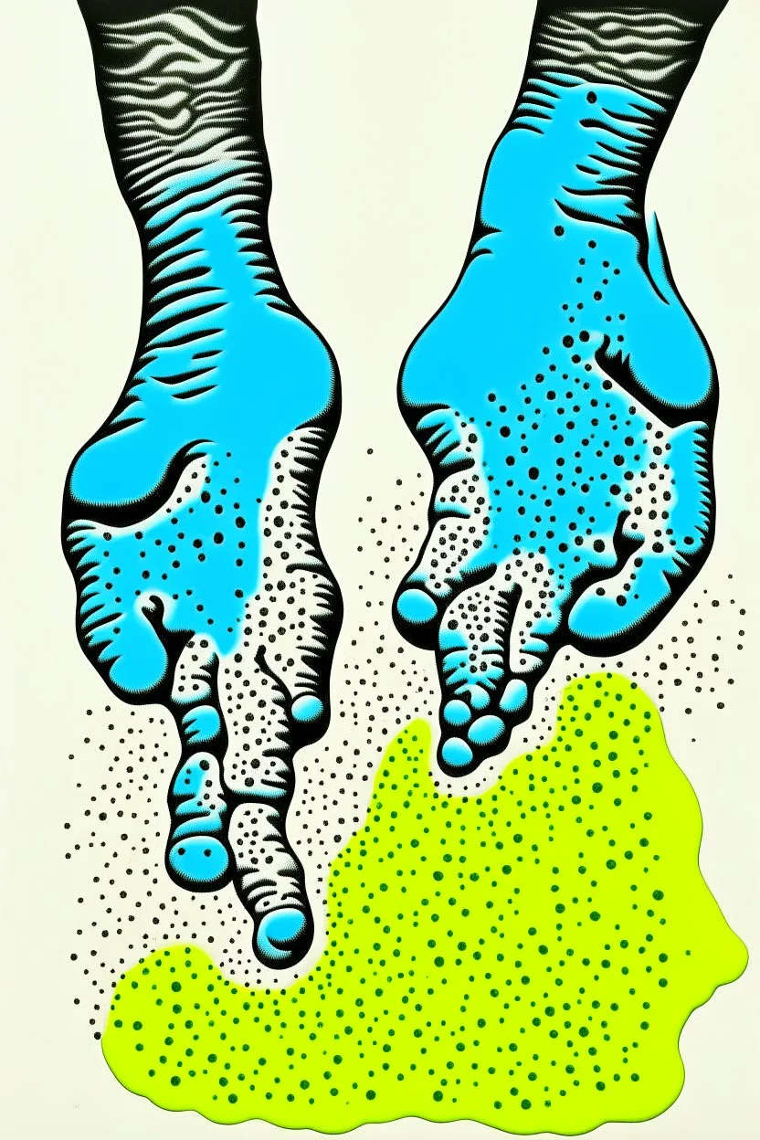 Draw two footprints. The footprint is white and made entirely from the shapes of ghosts in the style of Salvador Dali’s “the face of war”. Use no more than 4 colours.