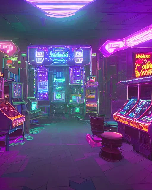 A dark photo of a full panoramic view an 80's aesthetics arcade at night, with a lot of functioning arcade machines, a vaporwave floor and some colorful tiles in between the floor. Purple aesthetics.