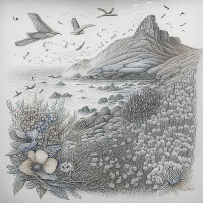 A pencil drawing of a landscape with mountains, ocean, a flock of birds and a lot of wild flowers.