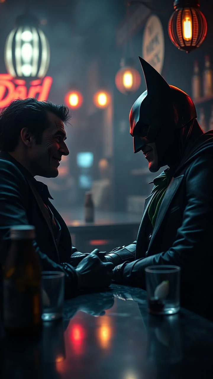 ,surrealism of the dark of a nightmare , hyper photorealistic, hyper detailed bright art color, high resolution, fog, octane render, tilt shift, HDRI Environment, all pictures dark gray, Batman and the joker chatting in a bar