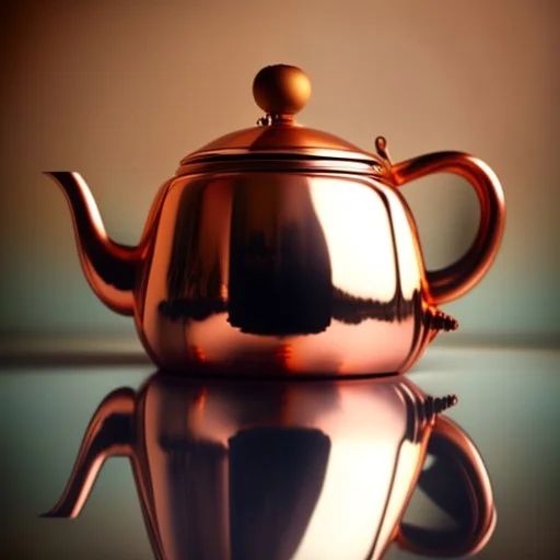 The reflection of a child on the surface of an old copper teapot