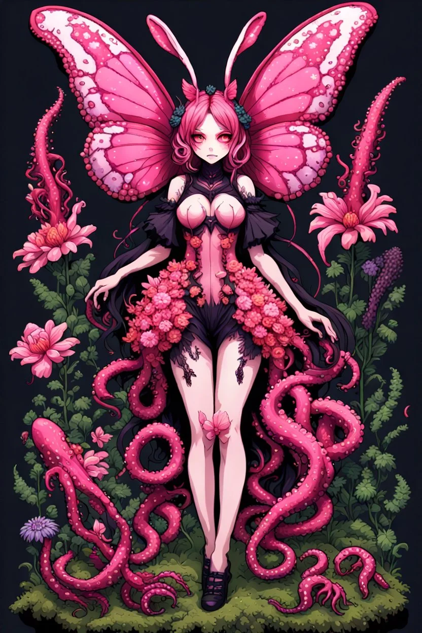 8bits, pixel art, butterfly, highly detailed, pink, rabbit, blood, scythe, goth woman, leaning pose, full body, squid, intricate detail , plants, wildflower, nest, octopus, fly,Demon girl, creepy, horrifying, sinister, sparks out her mind, fullbody, rare pose, terrario with universe in, high lighting, intricate,sparks around,enchanted girl with cyberkatana,darkred slime Goth girl,