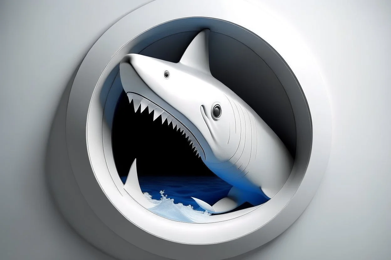 white,background,looking,through,a 3-d, hole,or,window,,a,seeing,shark ,skulpture,like