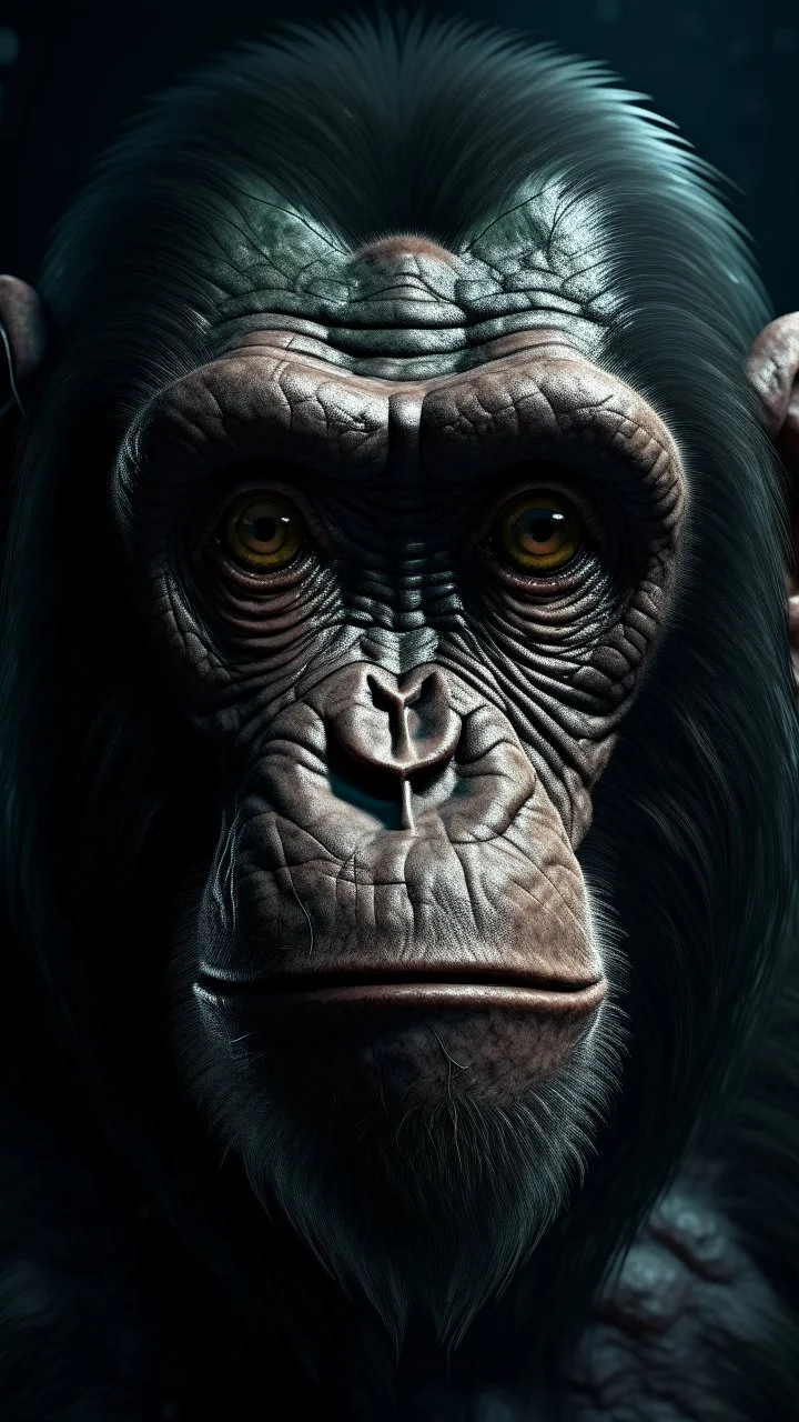 Crafting a terrifying 8K depiction of an old evil chimpanzee, His presence exudes an unsettling aura of malevolence, instilling fear in all who behold him.