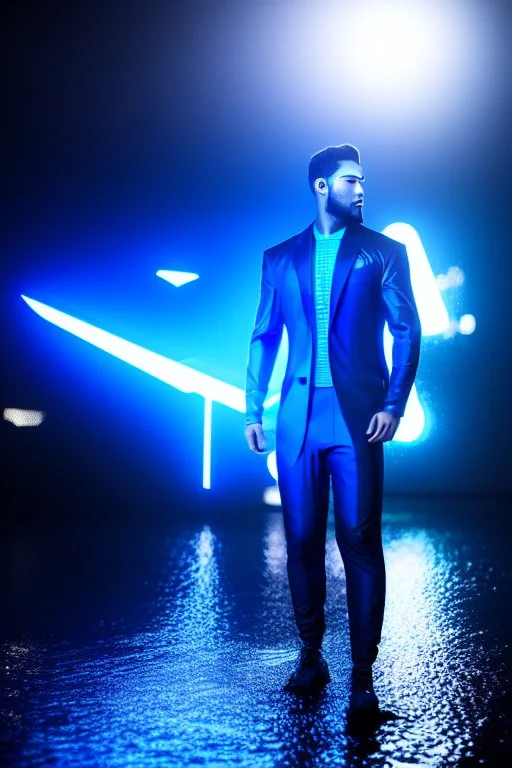 cyberpunk, neon blue, high technology, geometric figures, orbiting figures, cyberpunk suit, black and blue, epic, rain, neon blue suit, geometric figures orbiting around suit, exosuit, male