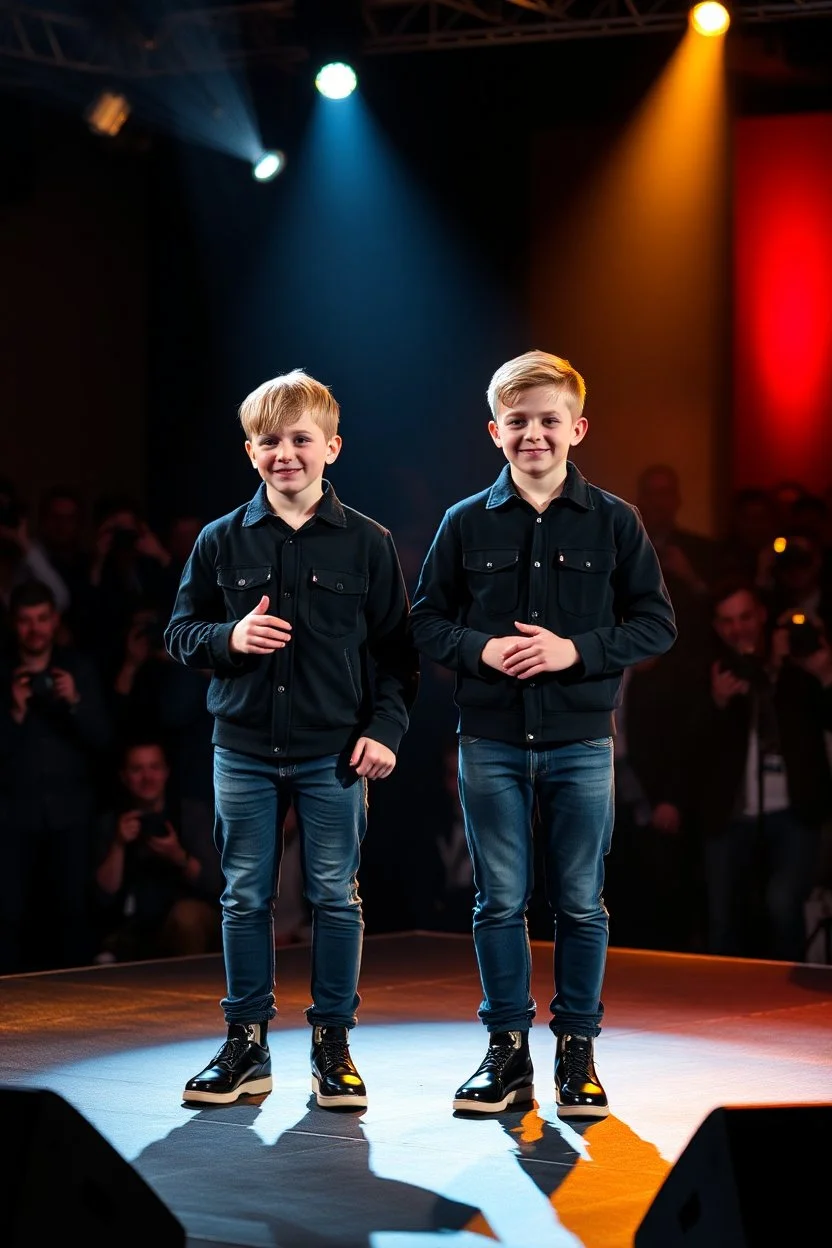 Norwegian Identical boy twins celebrites, same sex gender standing on a stage with holding their hands, lot of photographers, flashing lights, identical twins with same sex gender